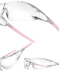 Pink Protective Safety Glasses For Women And Youth Small Fit For Lab And Cycling, featuring clear lenses and pink earpieces.