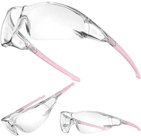 Pink Protective Safety Glasses For Women And Youth Small Fit For Lab And Cycling, featuring clear lenses and pink earpieces.