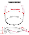 Pink Protective Safety Glasses For Women And Youth Small Fit For Lab And Cycling, front and side view dimensions highlighted