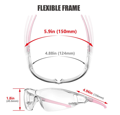 Pink Protective Safety Glasses For Women And Youth Small Fit For Lab And Cycling, front and side view dimensions highlighted
