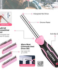 Pink 258 Piece Tool Kit For Women With Hammer And Screwdrivers Portable Home Repair Set For New Apartment DIY, multi-bit screwdriver with anti-slip grip, pink and black design, interchangeable head.
