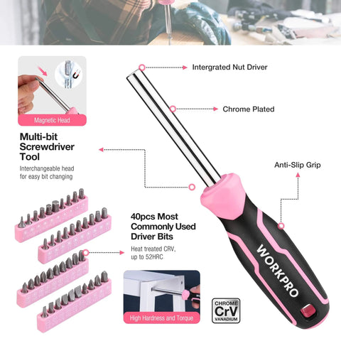 Pink 258 Piece Tool Kit For Women With Hammer And Screwdrivers Portable Home Repair Set For New Apartment DIY, multi-bit screwdriver with anti-slip grip, pink and black design, interchangeable head.
