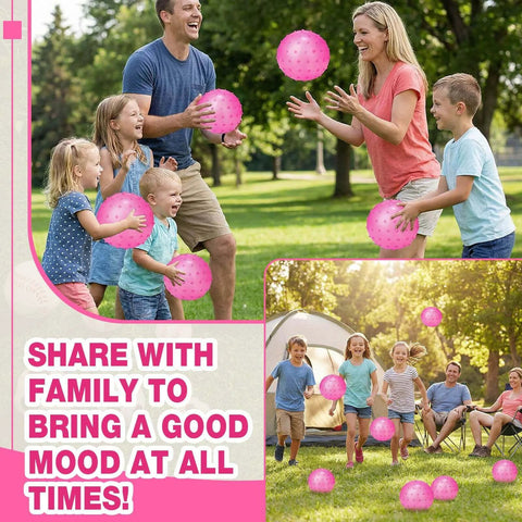 Family playing with 24 Pieces Knobby Balls 4.72" Bouncy Spiky Sensory Ball Bulk Soft Inflatable Massage Stress Plastic Toy for School Party Play Outdoor Indoor (Pink)
