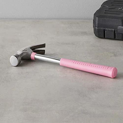8 oz claw hammer with a shock-absorbing non-slip pink grip for comfortable, accurate nail driving and efficient nail removal; durable steel head