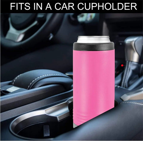 Personalized Slim Stainless Steel Can Coozie Holder For 12 Oz Slim Cans Vacuum Insulated Cooler in car cup holder