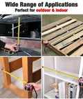 Pink Twenty Five Foot Tape Measure With Magnetic Hook And Nylon Coated Blade For Durable Easy Read Measurements Retractable Design One Eighth Fraction And One Thirty Second Accuracy Belt Clip And Rubber Protective Casing For Rugged Use At The Job Site being used on different surfaces and objects indoors and outdoors.