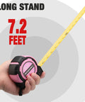 Pink Twenty Five Foot Tape Measure With Magnetic Hook And Nylon Coated Blade in use measuring 7.2 feet long
