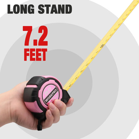 Pink Twenty Five Foot Tape Measure With Magnetic Hook And Nylon Coated Blade in use measuring 7.2 feet long
