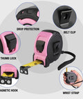 Pink Twenty Five Foot Tape Measure With Magnetic Hook And Nylon Coated Blade for durable easy read measurements, features visible.