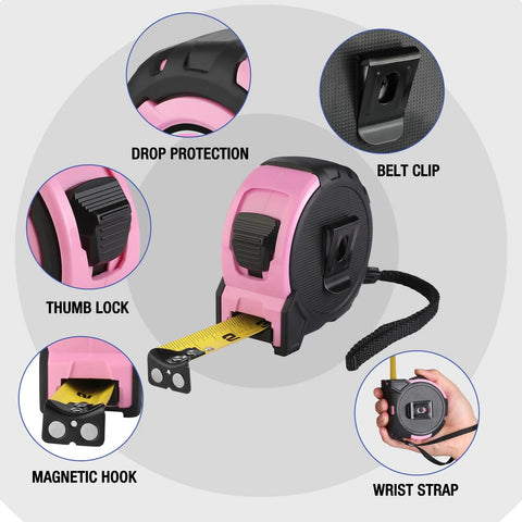 Pink Twenty Five Foot Tape Measure With Magnetic Hook And Nylon Coated Blade for durable easy read measurements, features visible.