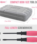 Pink 13-Piece Starter Tool Kit In A Portable Case For College Dorm, Home And Office DIY, Essential Household Repair Tools with full-length screwdrivers and compact book-size tool case.