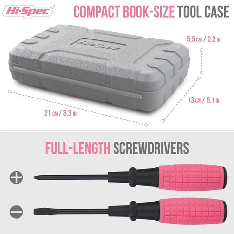 Pink 13-Piece Starter Tool Kit In A Portable Case For College Dorm, Home And Office DIY, Essential Household Repair Tools with full-length screwdrivers and compact book-size tool case.