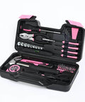 Open pink 144 piece home tool kit set with plastic toolbox showing hammer, screwdrivers, pliers for dorms, apartments, office repairs.
