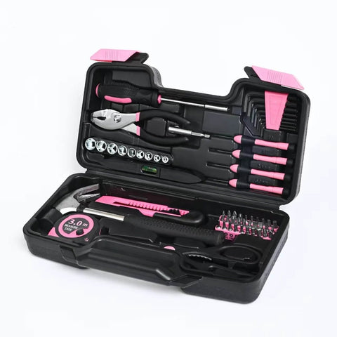 Open pink 144 piece home tool kit set with plastic toolbox showing hammer, screwdrivers, pliers for dorms, apartments, office repairs.
