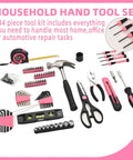 Pink 144 Piece Home Tool Kit Set With Plastic Toolbox including hammer, screwdrivers, and pliers for DIY and home repairs.
