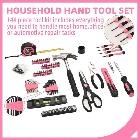 Pink 144 Piece Home Tool Kit Set With Plastic Toolbox including hammer, screwdrivers, and pliers for DIY and home repairs.
