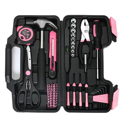 Pink 144 Piece Home Tool Kit Set With Plastic Toolbox Handy Starter Kit Built For Dorms Apartments And Office Repairs