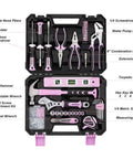 Pink Tool Kit for Women 146 Piece General Household Hand Tools Storage Toolbox for Home DIY Projects contents labeled.