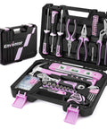 Enventor 146-piece pink tool kit for women with household hand tools in a storage toolbox, perfect for home DIY projects.