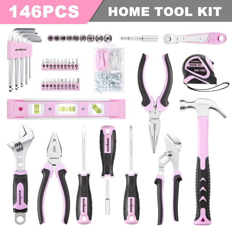 Pink Tool Kit for Women 146 Piece General Household Hand Tools Storage Toolbox for Home DIY Projects, showing assorted tools.