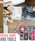 Woman using Pink 25 Piece Women DIY Tool Kit Set In Compact Mini Toolbox for home repair, includes various pink tools.