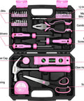 Open case showing the Pink Tool Kit For Women 42 Piece Home DIY Set For Repairs And Woodworking Projects, with tools arranged inside.