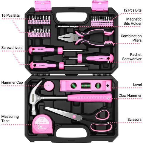 Open case showing the Pink Tool Kit For Women 42 Piece Home DIY Set For Repairs And Woodworking Projects, with tools arranged inside.