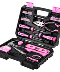 Open case of Pink Tool Kit For Women 42 Piece Home DIY Set For Repairs And Woodworking Projects with tools displayed