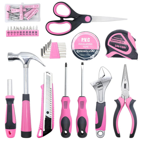 Pink 69 Piece Tool Kit For Women Portable Hand Tools Set For Home Repairs DIY Projects Office And Dorm, scissors, hammer, pliers