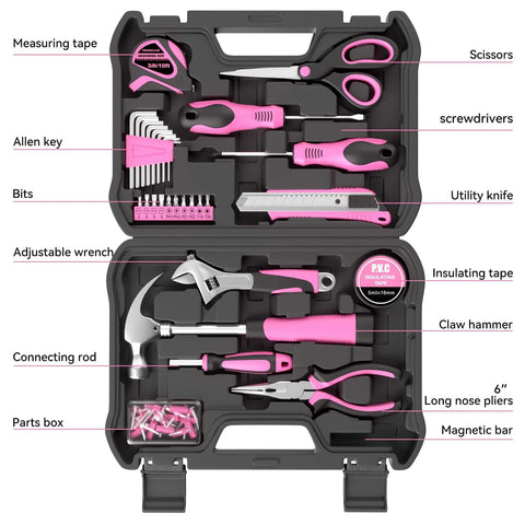 Open tool case displaying Pink 69 Piece Tool Kit For Women Portable Hand Tools Set For Home Repairs DIY Projects Office And Dorm