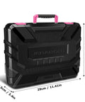 Black carrying case with pink handle for Pink 8V Cordless Drill With LED Light And 127 Piece Home Tool Kit For DIYers And Homeowners
