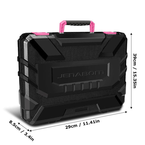 Black carrying case with pink handle for Pink 8V Cordless Drill With LED Light And 127 Piece Home Tool Kit For DIYers And Homeowners