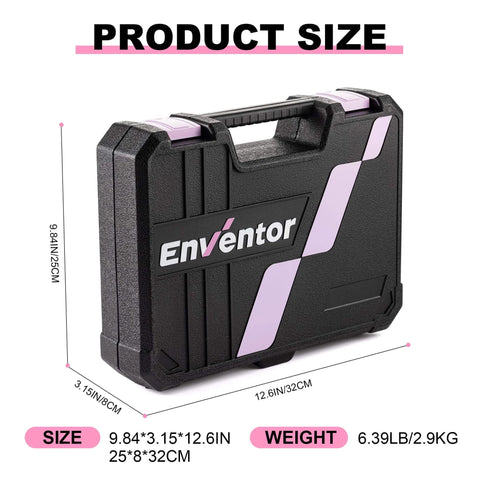 Closed Enventor pink tool kit case with 146-piece general household hand tools, showcasing size and weight specs for DIY projects.