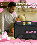 Black and pink tool kit with gift theme; focus on case design; Pink Tool Kit For Women 42 Piece Home DIY Set For Repairs And Woodworking Projects.