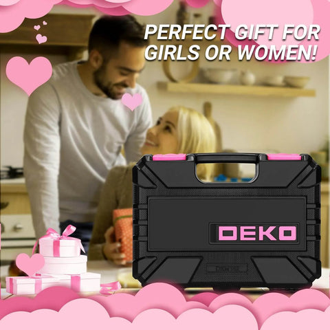 Black and pink tool kit with gift theme; focus on case design; Pink Tool Kit For Women 42 Piece Home DIY Set For Repairs And Woodworking Projects.