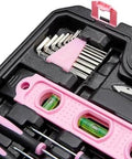 Close-up of Pink 142-Piece Household Tool Kit With Storage Case for Home Repairs showing levels and hex keys.