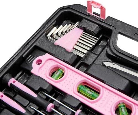 Close-up of Pink 142-Piece Household Tool Kit With Storage Case for Home Repairs showing levels and hex keys.