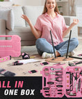 Woman assembling furniture using Pink 258 Piece Tool Kit For Women With Hammer And Screwdrivers Portable Home Repair Set For New Apartment DIY