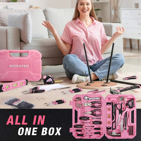Woman assembling furniture using Pink 258 Piece Tool Kit For Women With Hammer And Screwdrivers Portable Home Repair Set For New Apartment DIY