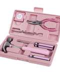 Essential 7 Piece Home Tool Kit With Hammer Phillips Screwdrivers Long Nose Pliers Tweezers And Tape Measure in pink case
