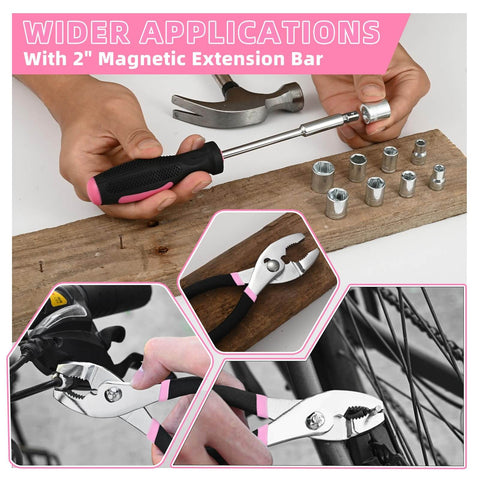 Pink 144 Piece Home Tool Kit Set With Plastic Toolbox Handy Starter Kit Built For Dorms Apartments And Office Repairs with tools for DIY tasks