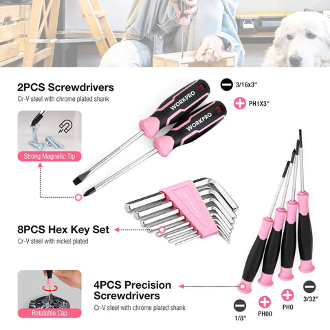 Pink 258 Piece Tool Kit For Women With Hammer And Screwdrivers Portable Home Repair Set For New Apartment DIY, screwdrivers and hex set