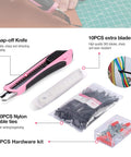 Close-up of Pink 258 Piece Tool Kit For Women with knife, blades, cable ties, and hardware. Ideal for new apartment DIY tasks.