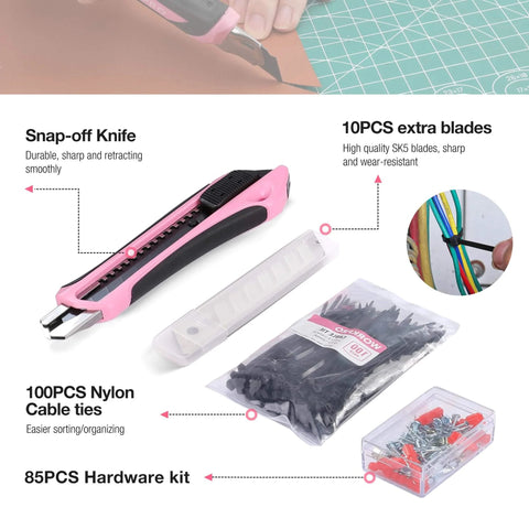 Close-up of Pink 258 Piece Tool Kit For Women with knife, blades, cable ties, and hardware. Ideal for new apartment DIY tasks.