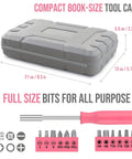 Gray tool case with pink handled screwdriver and bit set, part of Pink Home Repair Tool Kit For Women Who DIY, 24 Piece Starter Hardware Set With Hammer, Pliers, And Screwdrivers, Portable Mini DIY Hand Tools For Dorms, Apartments, And First Homes, Beginner Friendly, Ideal Christmas And New Year Gift For Ladies.