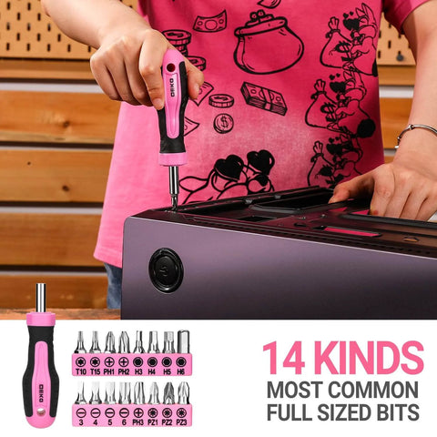 Woman using Pink Tool Kit For Women 42 Piece Home DIY Set For Repairs And Woodworking Projects, includes screwdriver and bits.