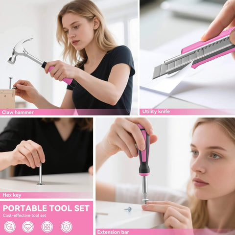 Women using Pink 69 Piece Tool Kit For Women Portable Hand Tools Set for home repairs and DIY projects
