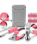 Pink 24 Piece DIY Tool Kit for Women Compact Mini Tool Box Set with pliers, hammer, screwdrivers, and bits on display