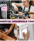 Collage of women using tools from the Pink Tool Kit for Women 146 Piece General Household Hand Tools Storage Toolbox for Home DIY Projects.