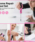 Close-up images of Pink 69 Piece Tool Kit for Women Portable Hand Tools Set for Home Repairs DIY Projects Office and Dorm in use